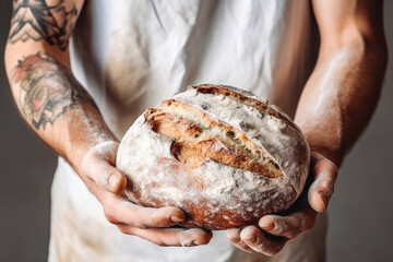 Hands holding big loaf of white bread. Female in black apron in home kitchen background with wheat bread. Generative AI.