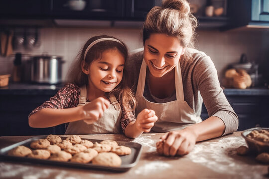 Mother Teaching Child to Bake and Help in the Kitchen. Caucasian Mother and Daughter making cookies at home. Generative AI.