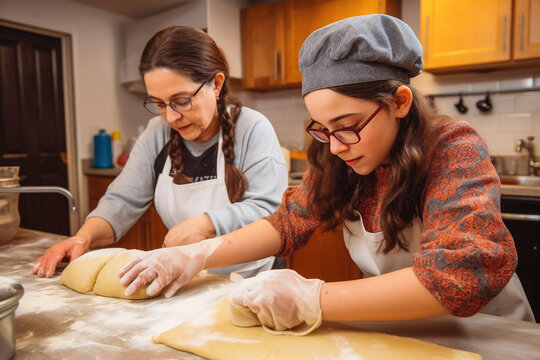 Grandmother And Granddaughters Helping Each Other To Cook In Kitchen Happily, Grandmother Teaches A Cute Child To Cook. Family Teamwork. Generative AI