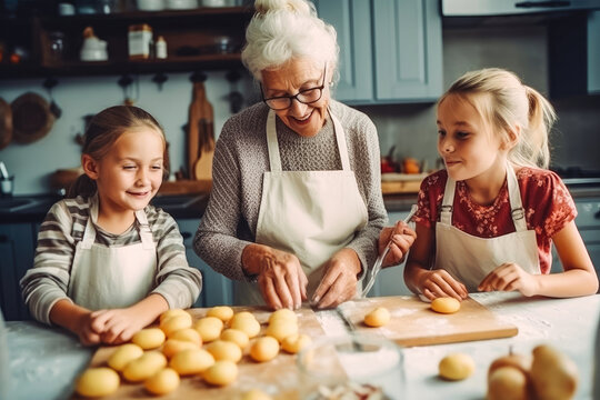 Grandmother and granddaughters helping each other to cook in kitchen happily, Grandmother teaches a cute child to cook. Family teamwork. Generative AI