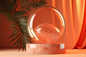 Marble podium, product display, abstract orange backdrop, palm leaf, pastel, glowing frame. Generative ai.