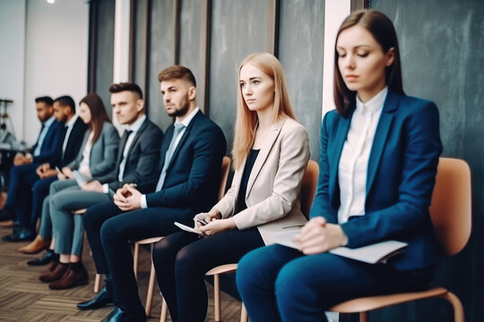 Photo of candidates waiting for a job interview. Waiting room, sitting in line. Business clothing, corporate environment. Generative AI.