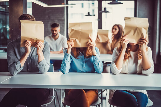People hiding faces behind papers sheets, sitting in row in office, candidates waiting for job interview, recruitment concept. Generative AI.