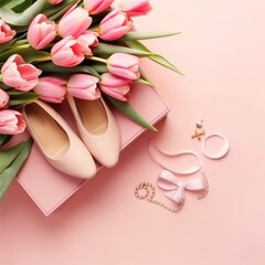 Pink flowers, shoes and earings. Present box. 