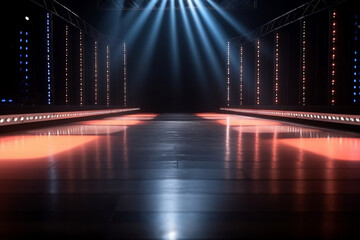 A colorful background sets the stage for an empty runway illuminated by spotlights, waiting for the start of a fashion show. Generative ai.