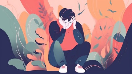 A digital illustration of an anxiety, mental health concept. Generative AI. 