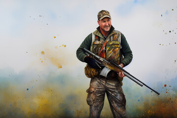 Naklejka premium Hunter man in camouflage with a gun during the hunt in search of wild birds or game, generative ai