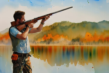Hunter man in camouflage with a gun during the hunt in search of wild birds or game, generative ai