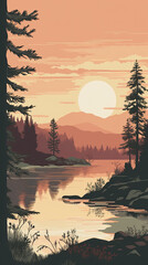 Beautiful lake in pine tree forest illustration