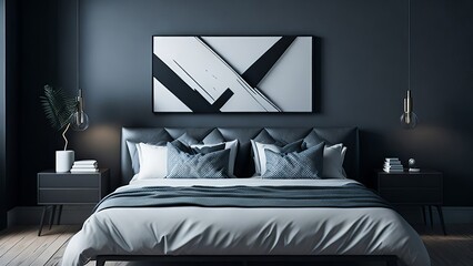 Modern bedroom mockup with contrasting furniture