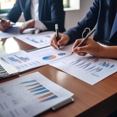 accountant team working in office, analyze financial data and accounting record with calculator. Accounting company provide finance and taxation planning. generative ai