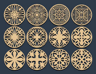 Set decorative circle coaster for laser cutting. Round abstract geometric coaster card. Laser cut design. Vector illustration	