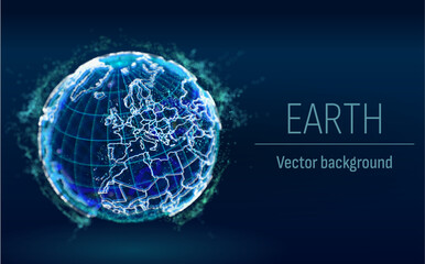 Big data. Planet Earth Hologram. Planet Earth from space. Vector. World map with small details. Depth of field. Wide angle.