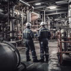 Naklejka na ściany i meble Workers in work clothes in a chemical industry plant with pipes and machinery. generative ai