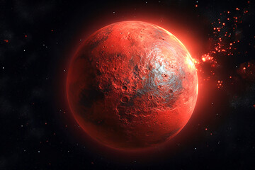 Fototapeta premium Bright red planet with flames spinning in the universe. AI generated image