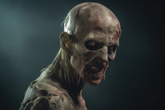 Scary zombie portrait. Zombie in fog. The undead, ghoul.