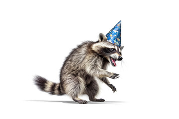 Funny raccoon dancing in a birthday hat. A raccoon celebrates his birthday in a hat and dances in confetti isolated on white background.