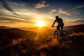 Fototapeta na wymiar Cyclist riding bicycle at sunset in fields outdoors, AI generative