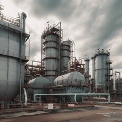 Large-scale ammonia production facility. Under a cloudy sky, the exterior of a modern petrochemical plant with reactors and converters is seen. generative ai