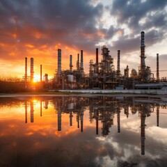 Obraz na płótnie Canvas Oil and gas refinery plant or petrochemical industry on a sunset sky background, factory with evening, petrochemical industrial manufacturing. generative ai