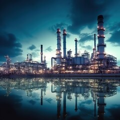Obraz na płótnie Canvas Petrochemical industry glow light at sunset and twilight sky, Power plant,Energy power station area . generative ai
