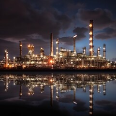 Obraz na płótnie Canvas Petrochemical industry glow light at sunset and twilight sky, Power plant,Energy power station area . generative ai