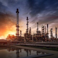 Fototapeta premium Glow light of petrochemical industry on sunset and Twilight sky ,Power plant,Energy power station area. generative ai