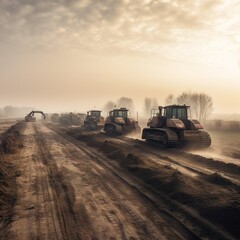 Fototapeta premium Outside the outskirts, the atmosphere of a road and highway construction site Preparing to restore the soil in order to build roads with a large machinery group . generative ai