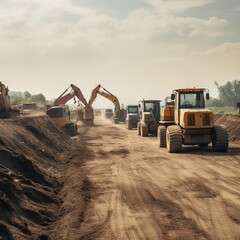 Obraz premium Road and highway construction site atmosphere Outside the outskirts With a large machinery group Preparing to restore the soil to build roads. generative ai