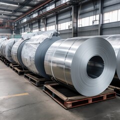 Rolls of galvanized steel sheet inside the factory or warehouse. generative ai