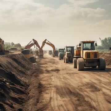 Road and highway construction site atmosphere Outside the outskirts With a large machinery group Preparing to restore the soil to build roads. generative ai