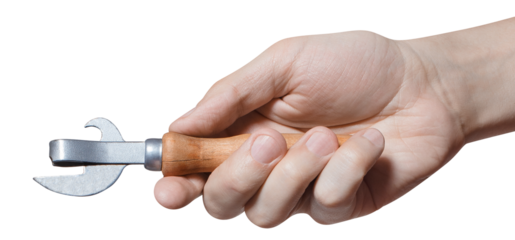 Hand holding a can opener, cut out
