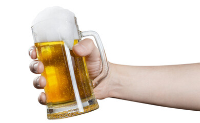 Hand holding a mug of excellent beer, cut out