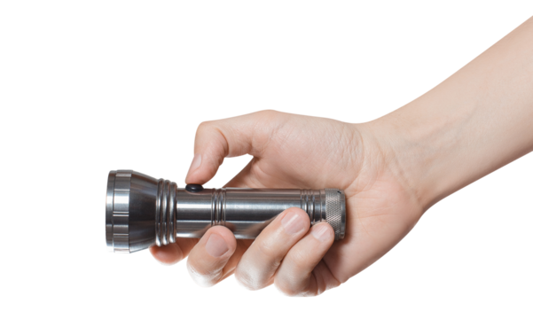 Hand holding a flashlight, cut out