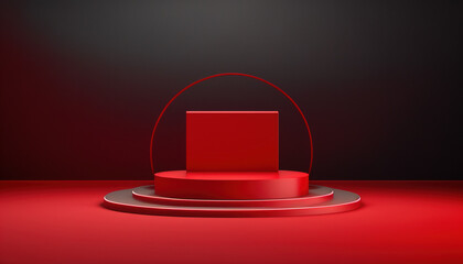 Realistic 3D red theme podium for product display. Created with Generative AI Technology
