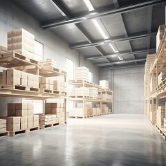 Interior of a warehouse with shelves, pallets, and boxes. generative ai