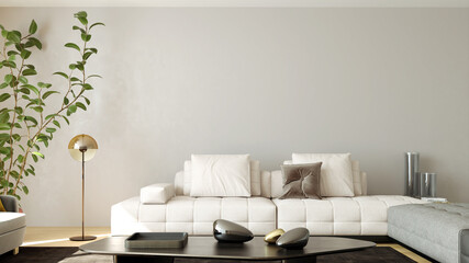 Large luxury modern bright interiors Living room mockup banner illustration 3D rendering