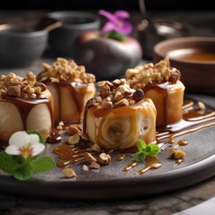 Coffee Caramel Pecan Cinnamon Bun Bites - Generative Ai Illustration