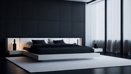 Modern aesthetic of spacious bedroom mockup with elegant lines and geometric shapes