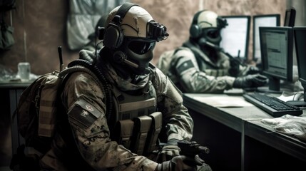 Fototapeta na wymiar soldier with mask in a cyberwarfare