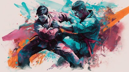 Graceful Jiu Jitsu Movements in Soft Watercolors