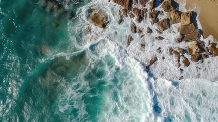 Naklejka premium Beach and waves from top view Generative AI