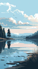 Fototapeta premium Beautiful lake in pine tree forest illustration