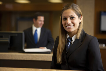 Beautiful bank teller assisting a customer with a friendly demeanor and professional attire, generative ai