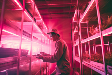 Obraz na płótnie Canvas Man in uniform working with plants, herbs in vertical farm environment, AI generative concept illustration of futuristic intensive agriculture
