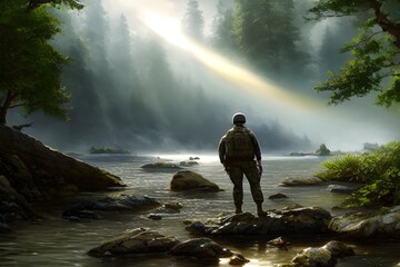 a military man standing over a rock in a lake in the middle of a forest, soldier, woods, fog, foggy landscape, Generative AI