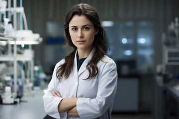 beautiful environmental scientist with long brown hair and a serious expression, standing in front of a laboratory with various scientific equipment in the background, generative ai