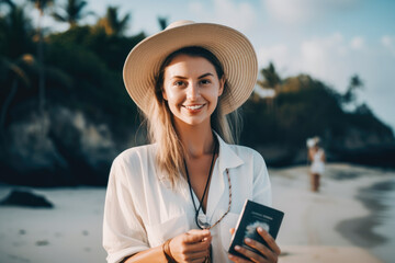 Beautiful travel agent standing in front of a tropical beach backdrop, holding a passport and smiling with excitement, generative ai