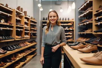 Beautiful retail manager with a warm and approachable smile, standing in front of a display of stylish shoes in her trendy shoe store, generative ai