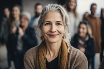 beautiful woman life coach in a humanitarian and philanthropic setting, wearing casual and comfortable clothes, surrounded by people of different ages and backgrounds, generative ai